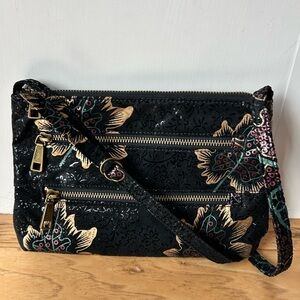 HOBO Mara Gold Leafs Crossbody Bag Black Suede Leather Adjustable Zippers